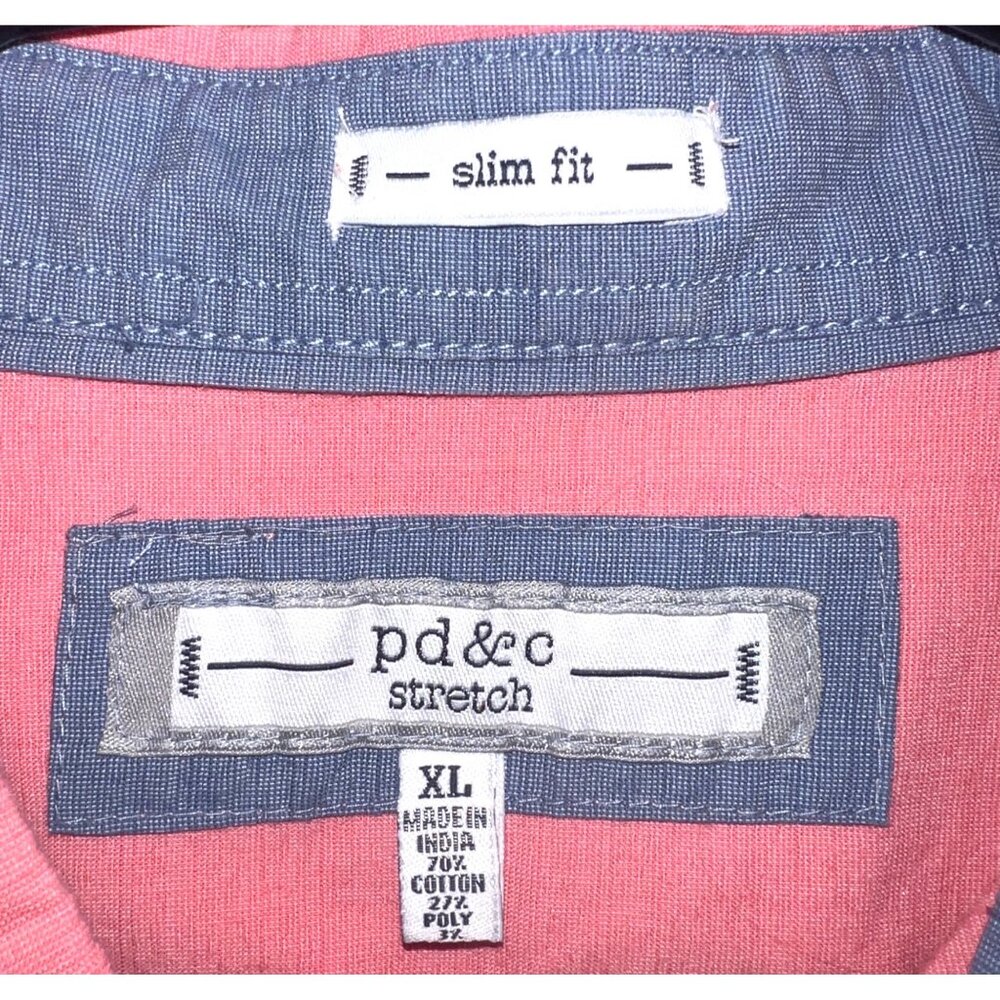 Pd&C Slim Fit Stretch Coral and Gray Short Sleeve ButtonUp Shirt XL Cotton Blend - Picture 4 of 6
